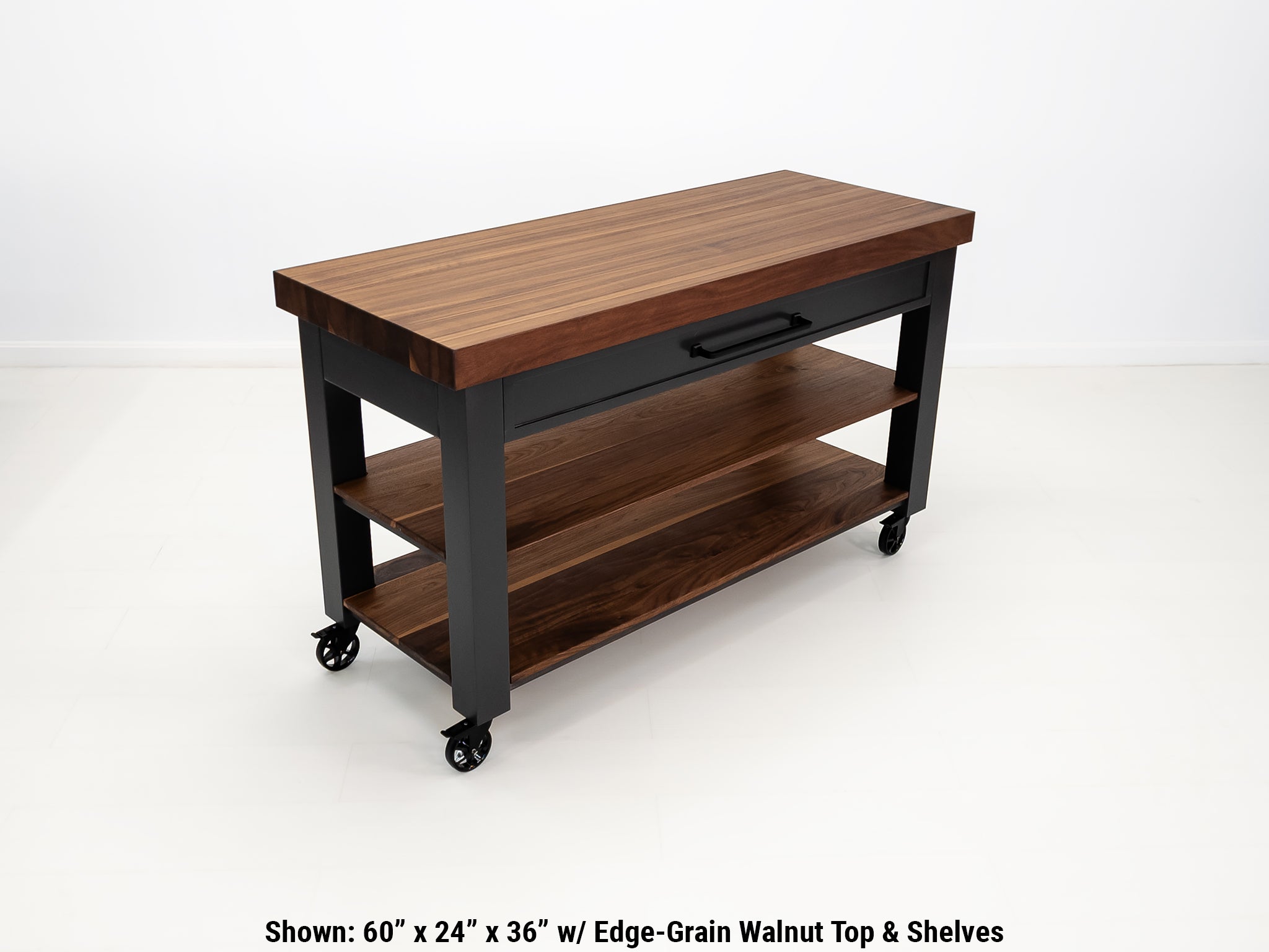 Walnut CHEF cart with food-safe oil finish and two shelves.