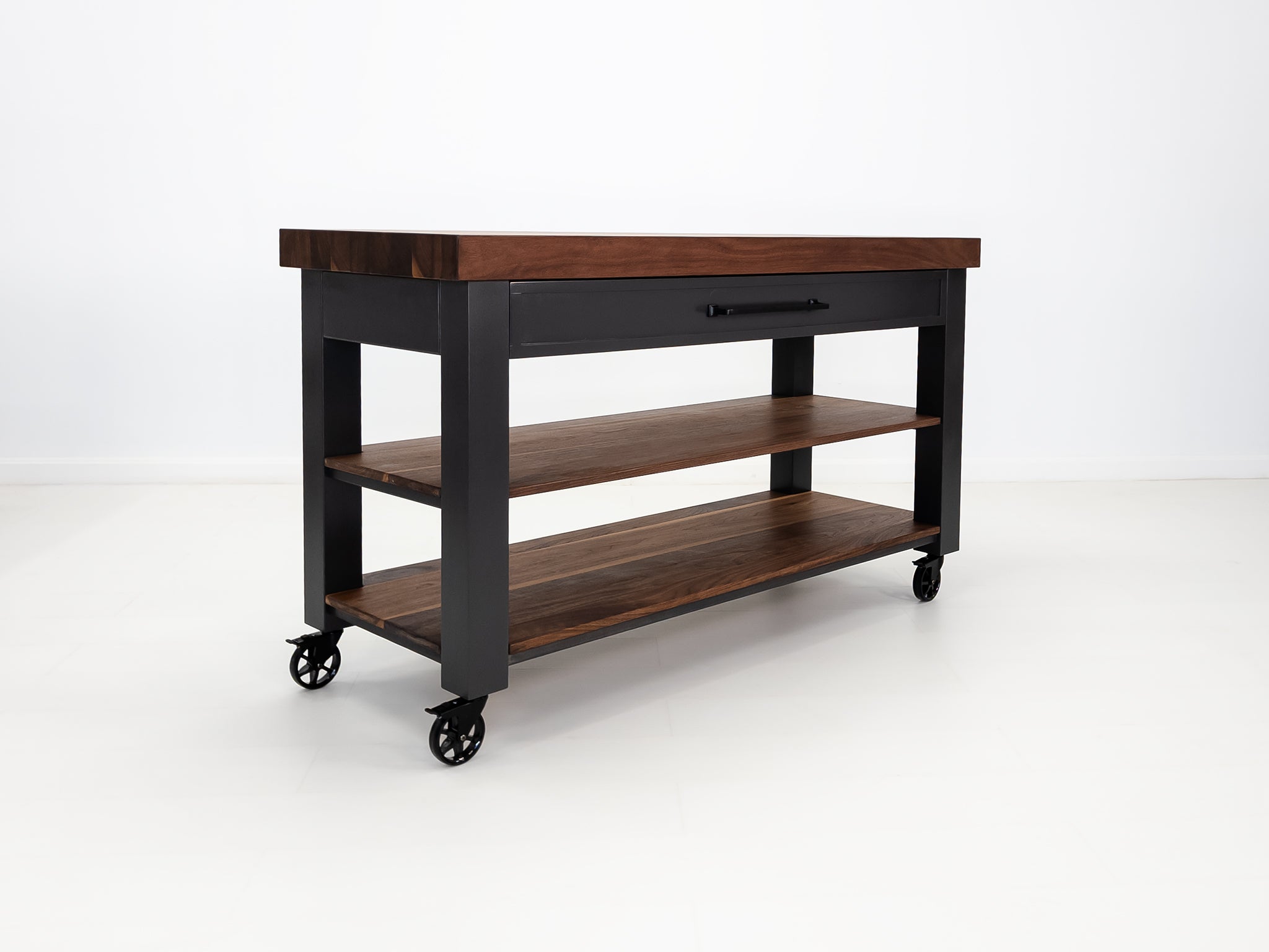 Walnut CHEF cart with food-safe oil finish and two shelves.