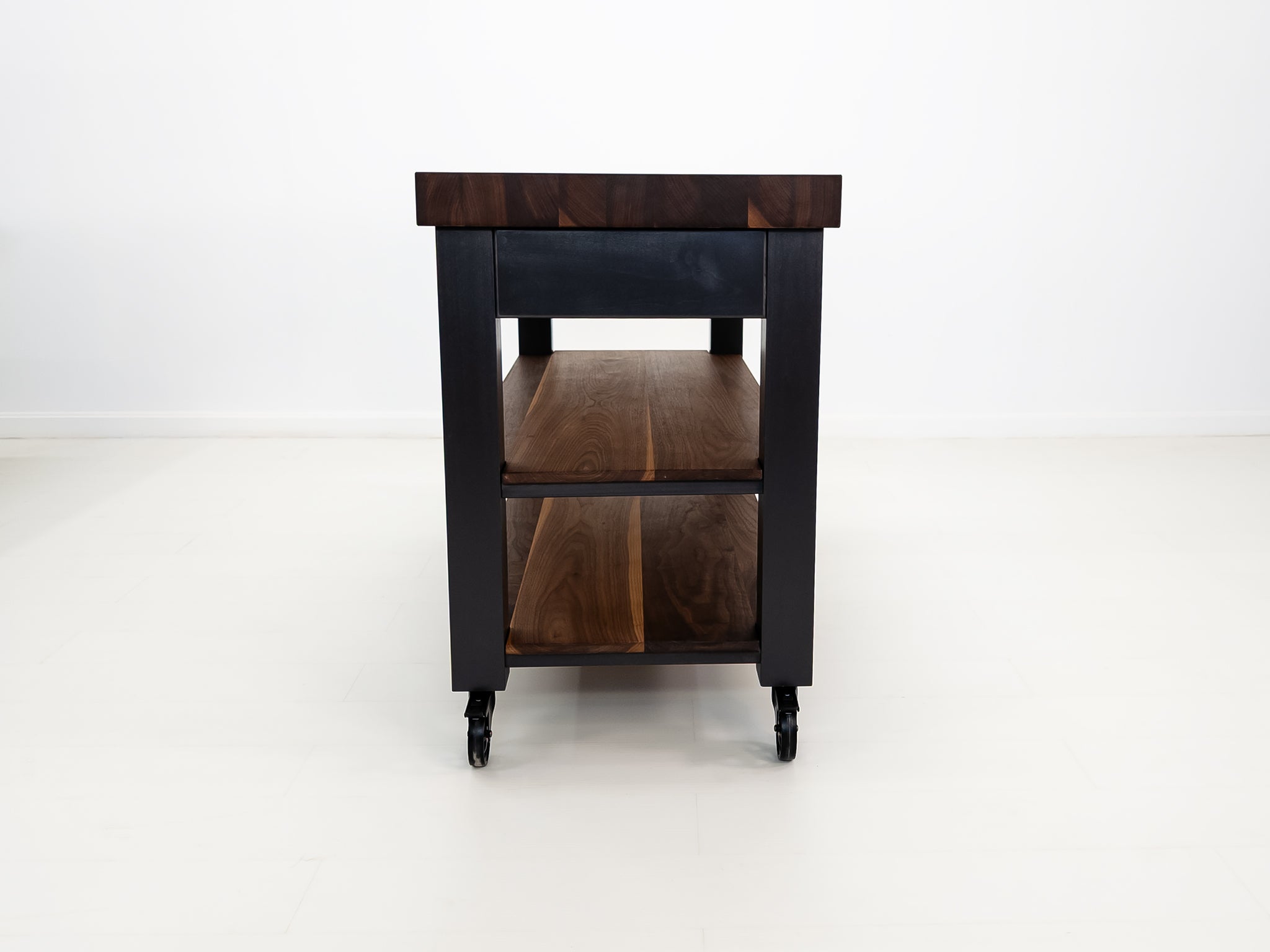 Walnut CHEF cart with food-safe oil finish and two shelves.