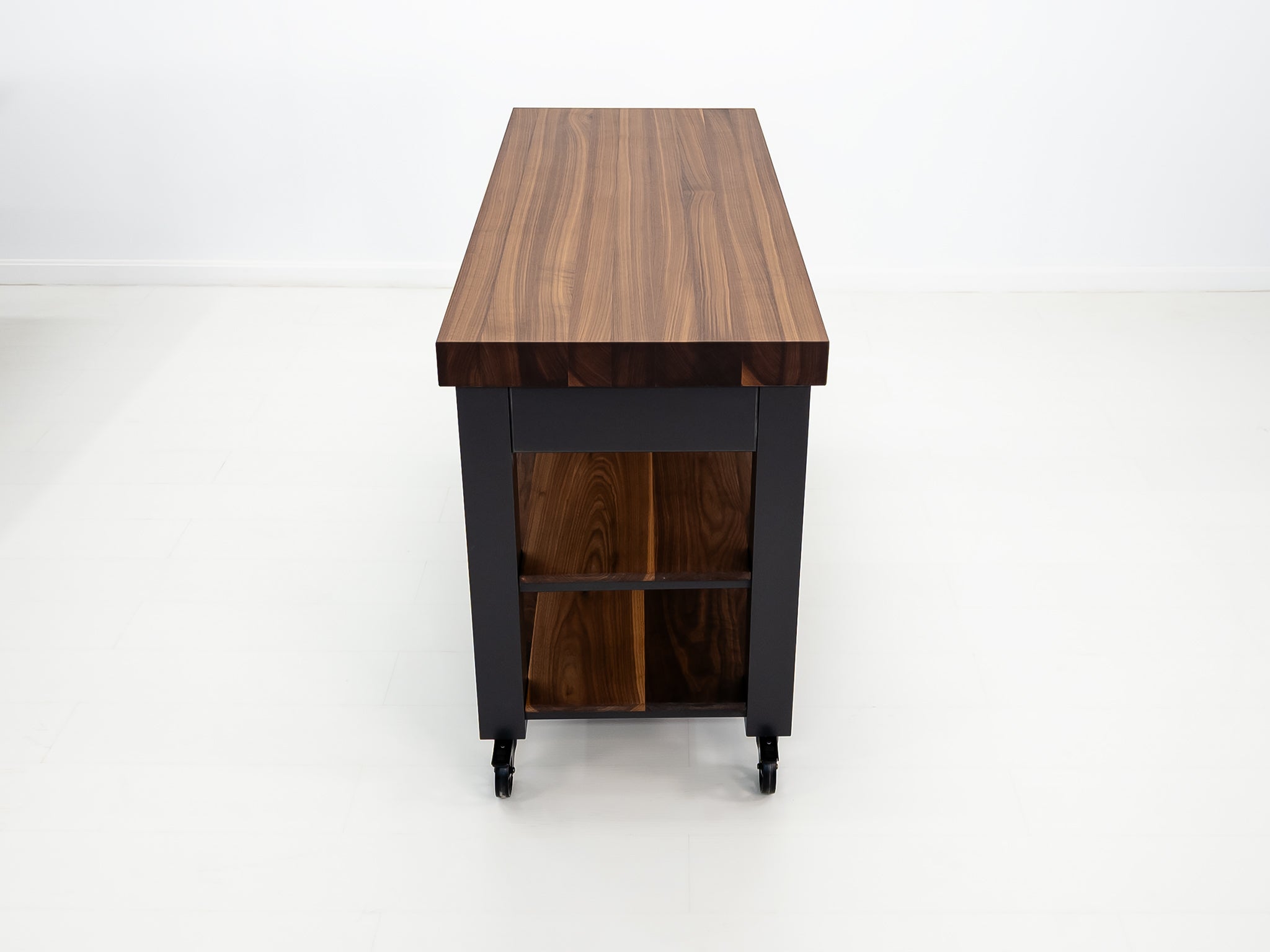 Walnut CHEF cart with food-safe oil finish and two shelves.