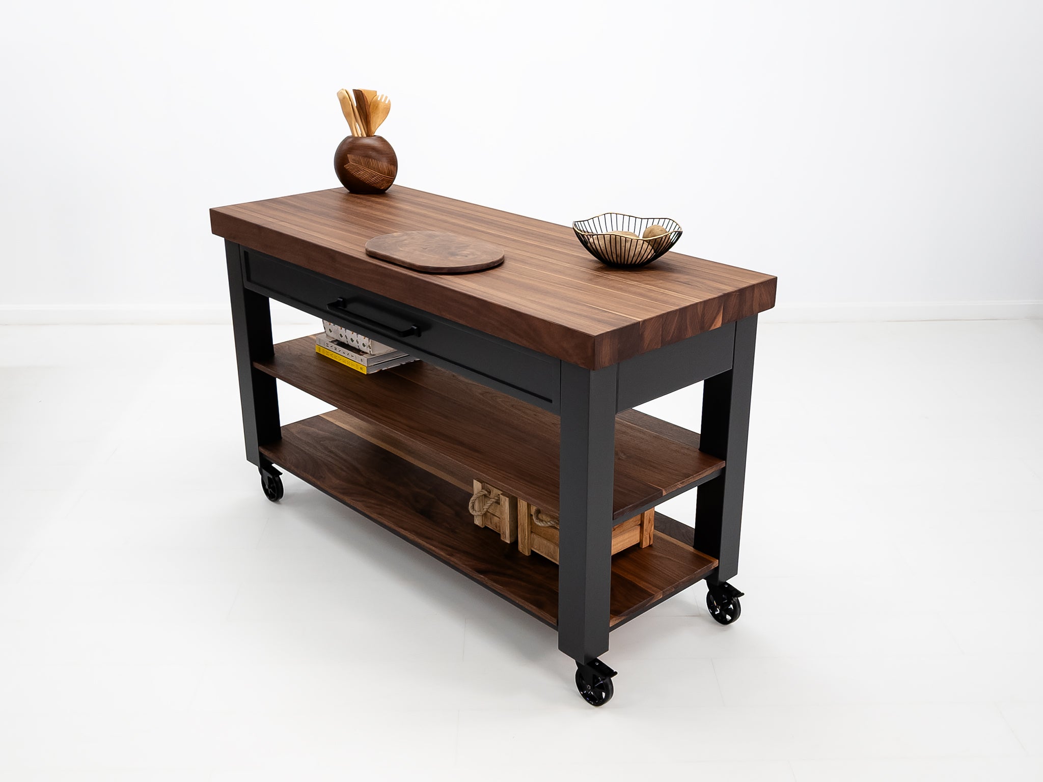Walnut CHEF cart with food-safe oil finish and two shelves.