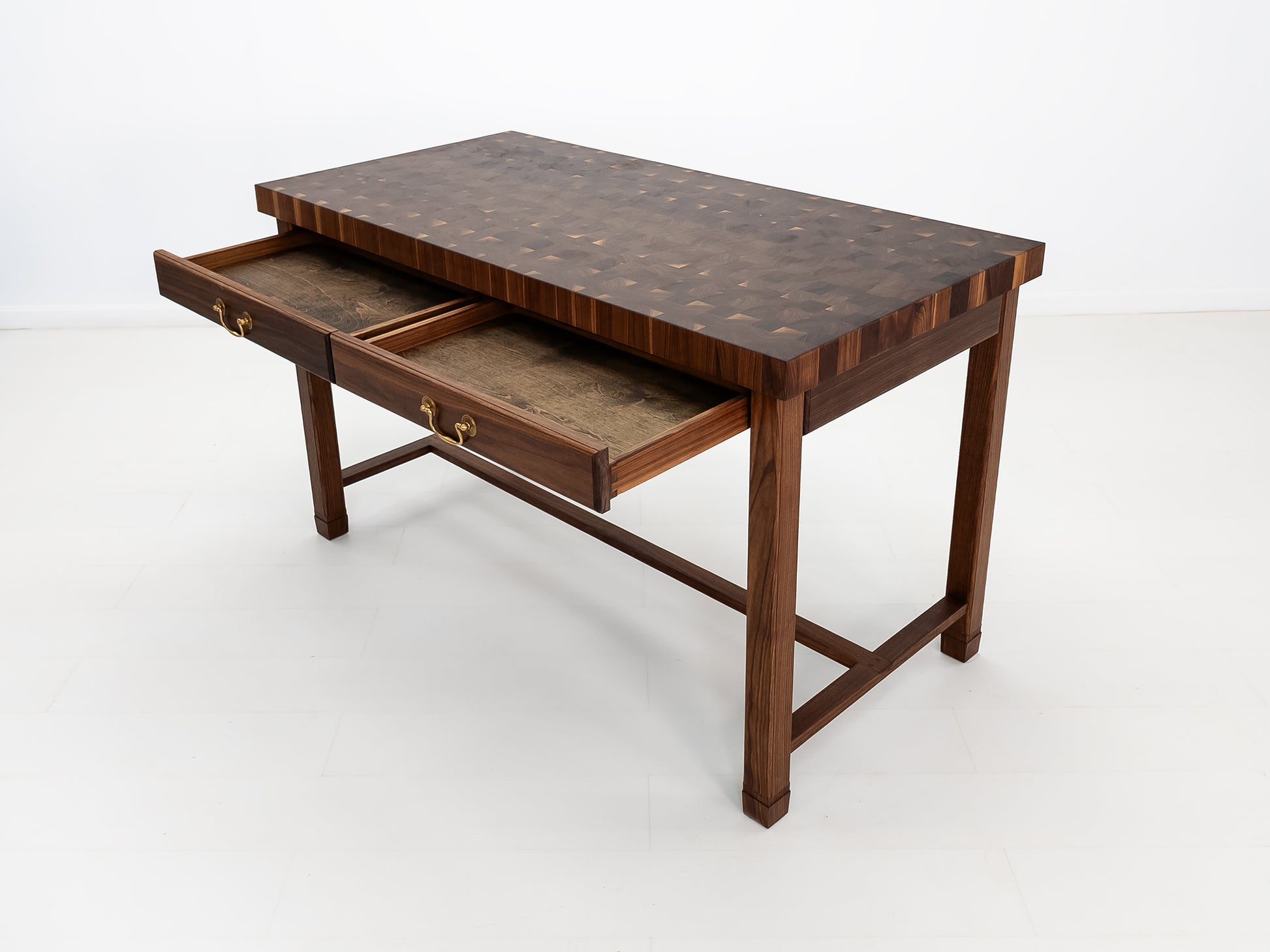 Walnut kitchen island with 2½-inch thick butcher block top and dual drawers