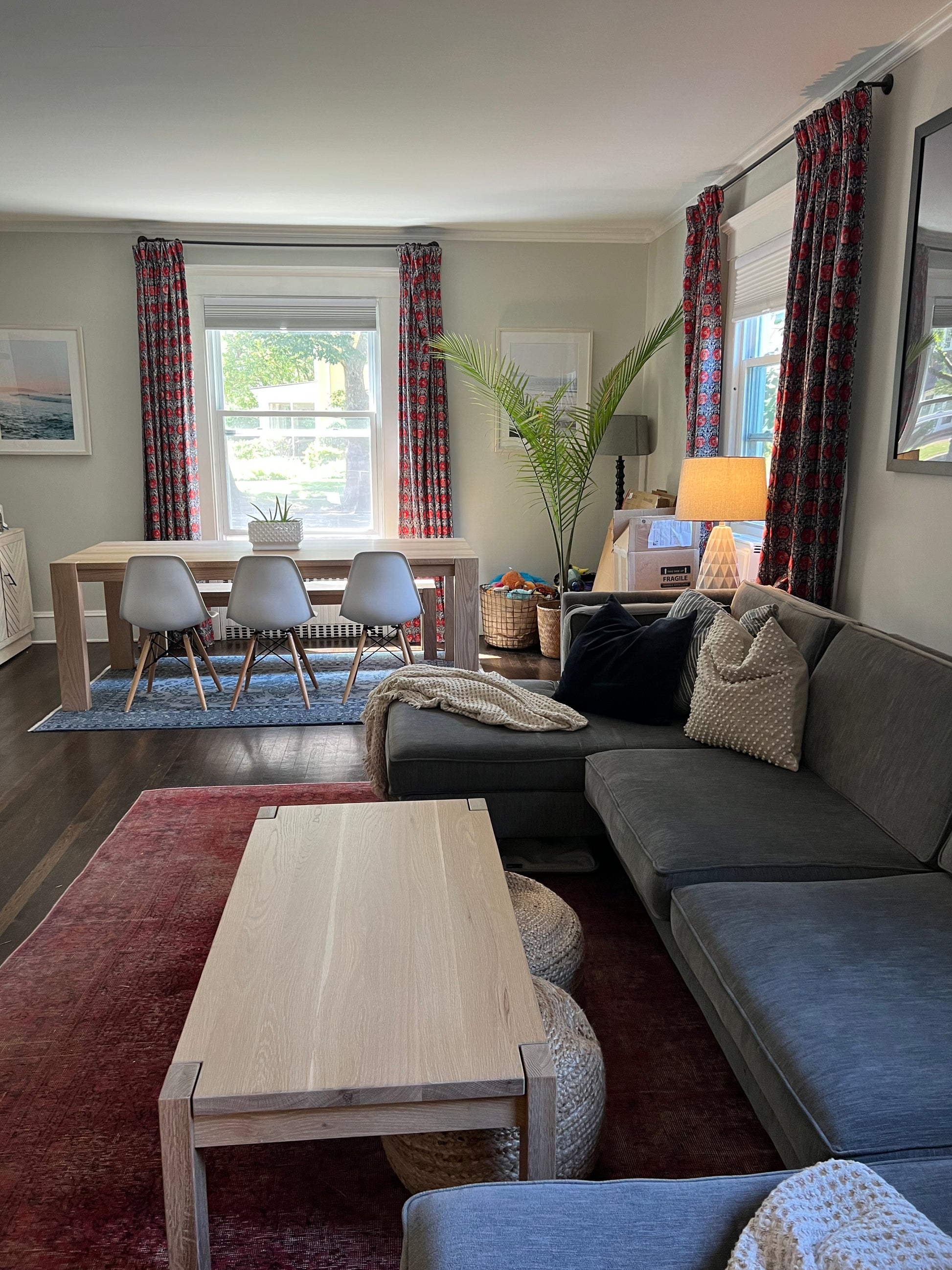 client photo of KALU coffee and dining table in seawashed white oak 