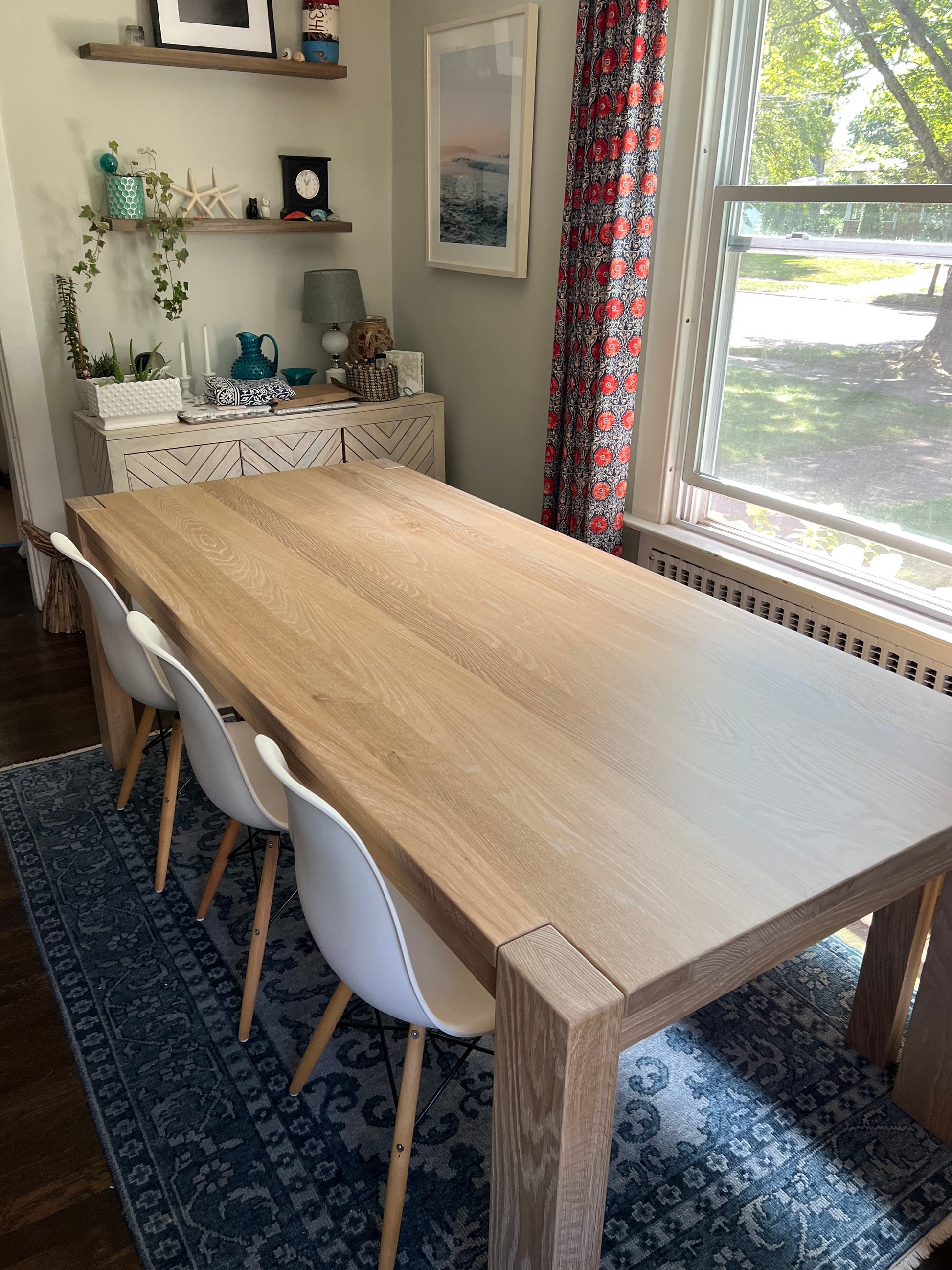 client photo of KALU coffee and dining table in seawashed white oak 