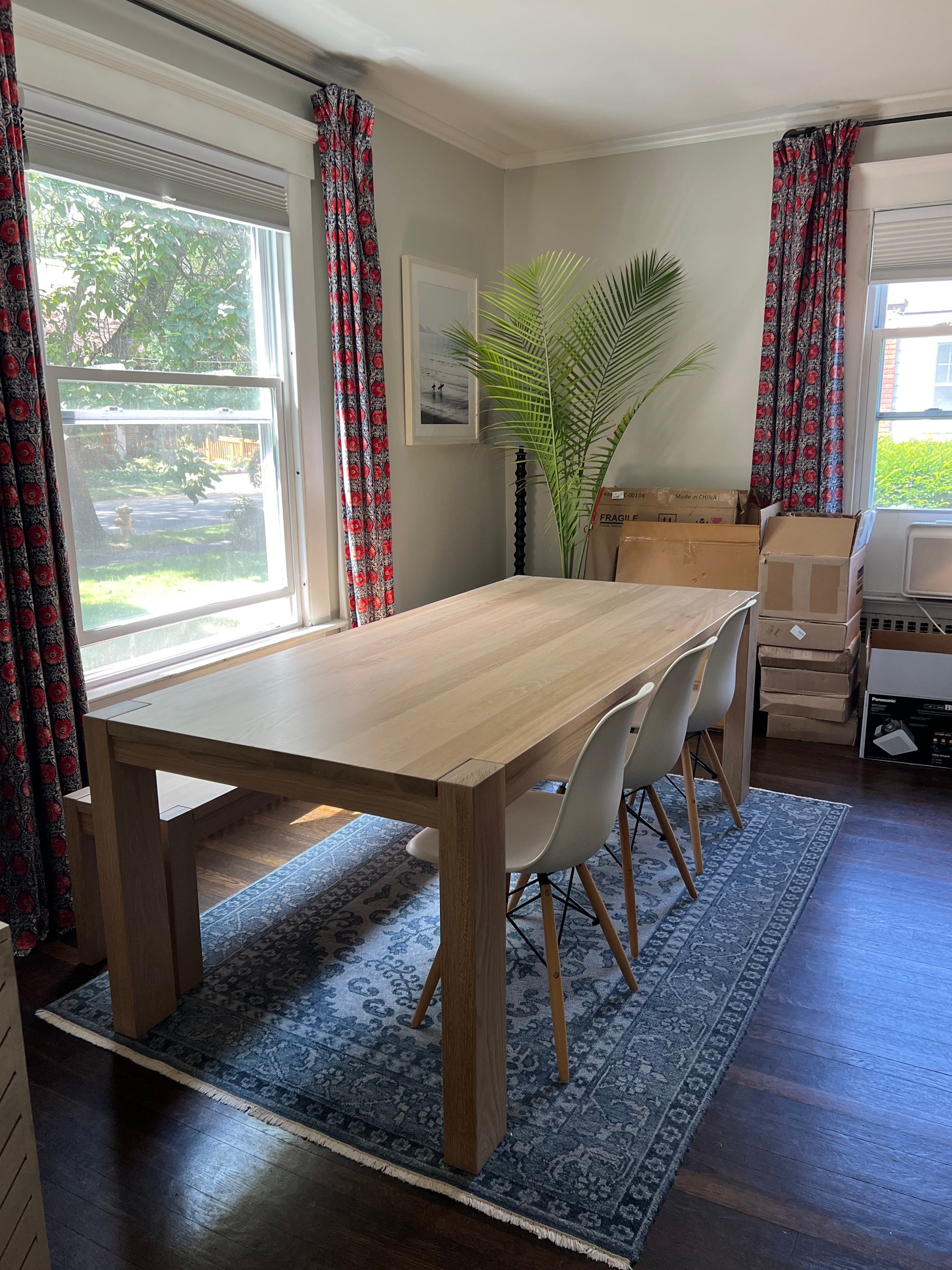 client photo of KALU coffee and dining table in seawashed white oak 