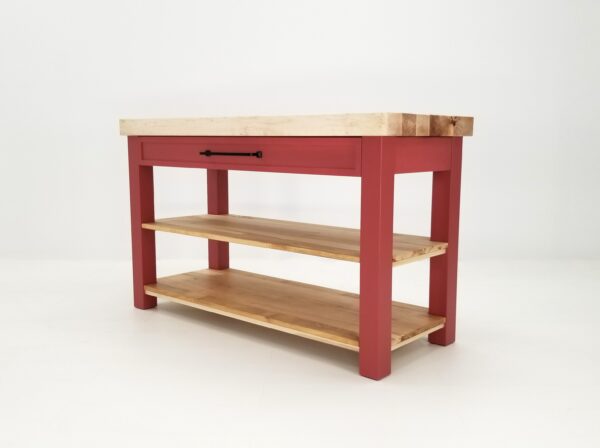 A red CHEF Custom Maple Butcher Block Cart with a wooden shelf and butcher block top.