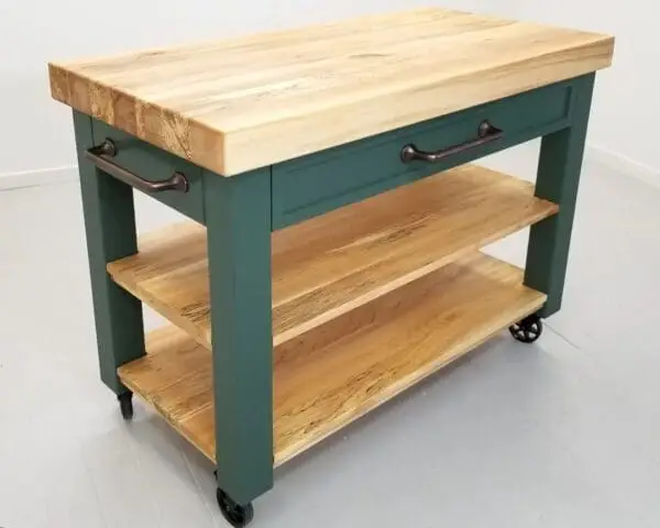 A butcher block cart in forest green.