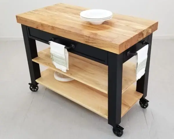 A butcher block cart in black.