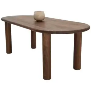 A oval walnut dining table with a vase on top.
