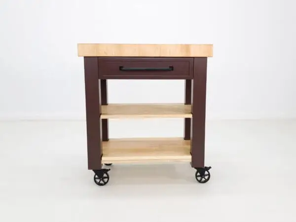 Brown kitchen cart with wood top and shelves.