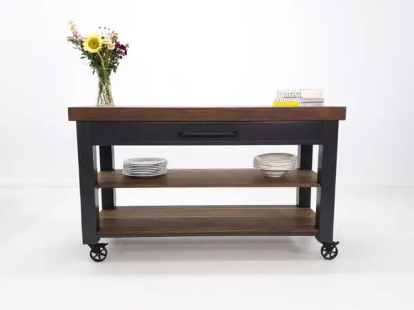 Black kitchen cart with wood shelves and wheels.