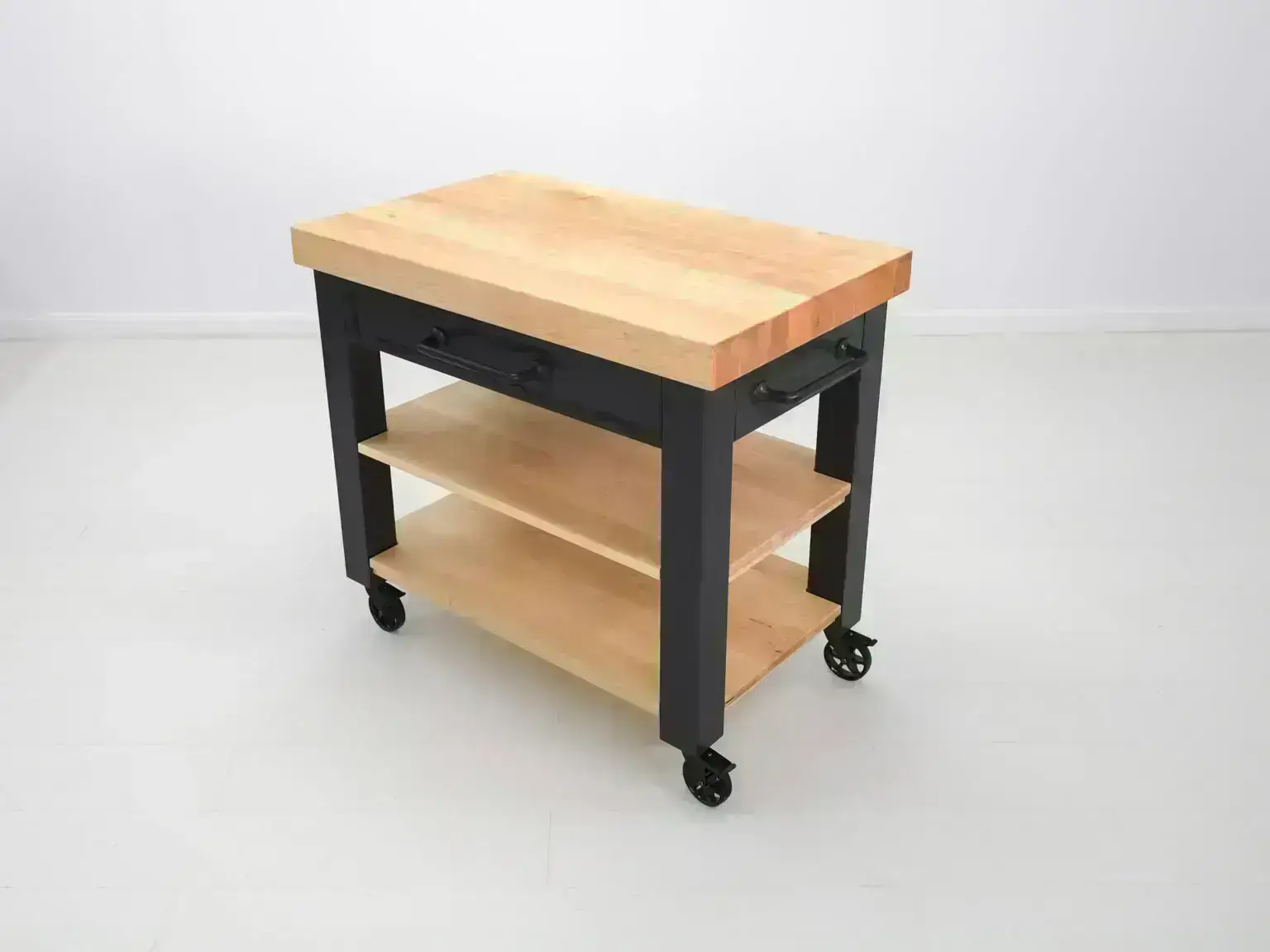 Black kitchen island cart with wood top