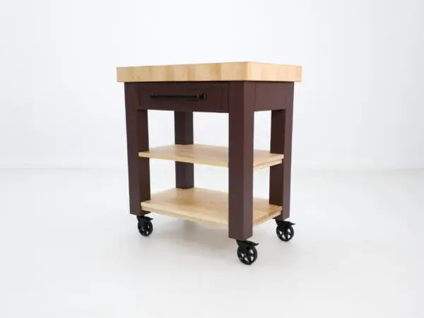 Brown kitchen island cart with wood top.