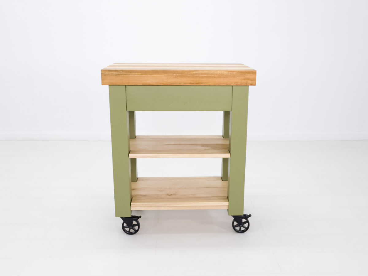 Compact Chef butcher block cart with solid maple construction and mobility casters