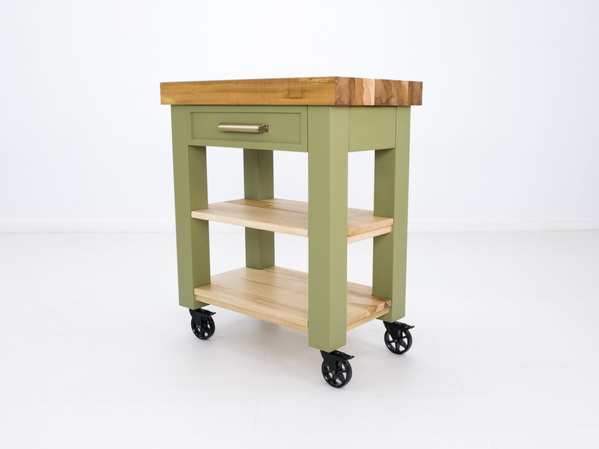 Compact Chef butcher block cart with solid maple construction and mobility casters