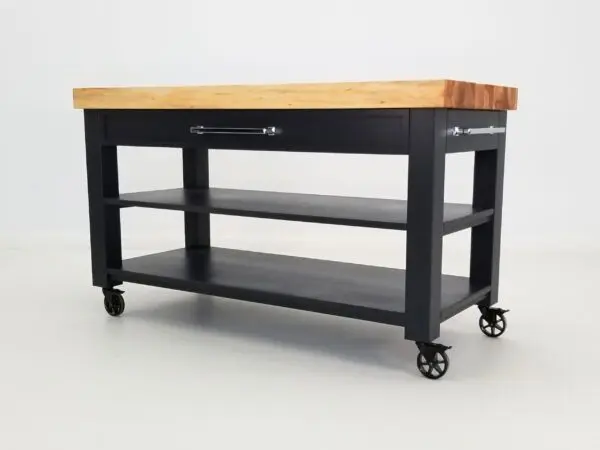 An angled view of a custom crafted butcher block cart.