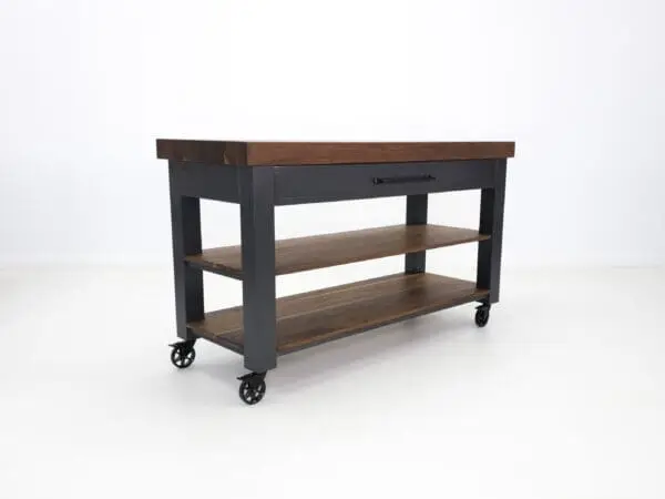 Black kitchen cart with wooden shelves and drawer.