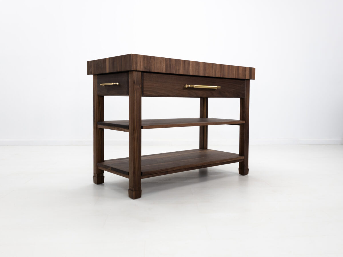 Custom WALT butcher block kitchen island with 4 inch thick walnut top