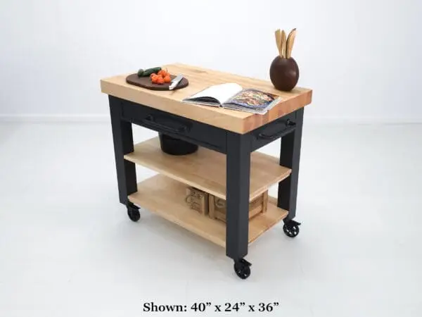 Our CHEF maple butcher block cart with decor on top it.