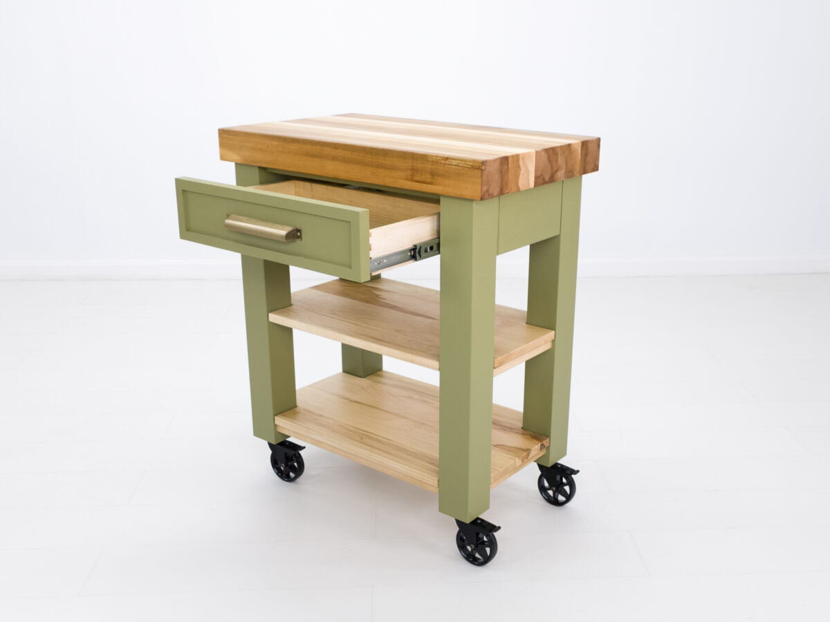 Compact Chef butcher block cart with solid maple construction and mobility casters