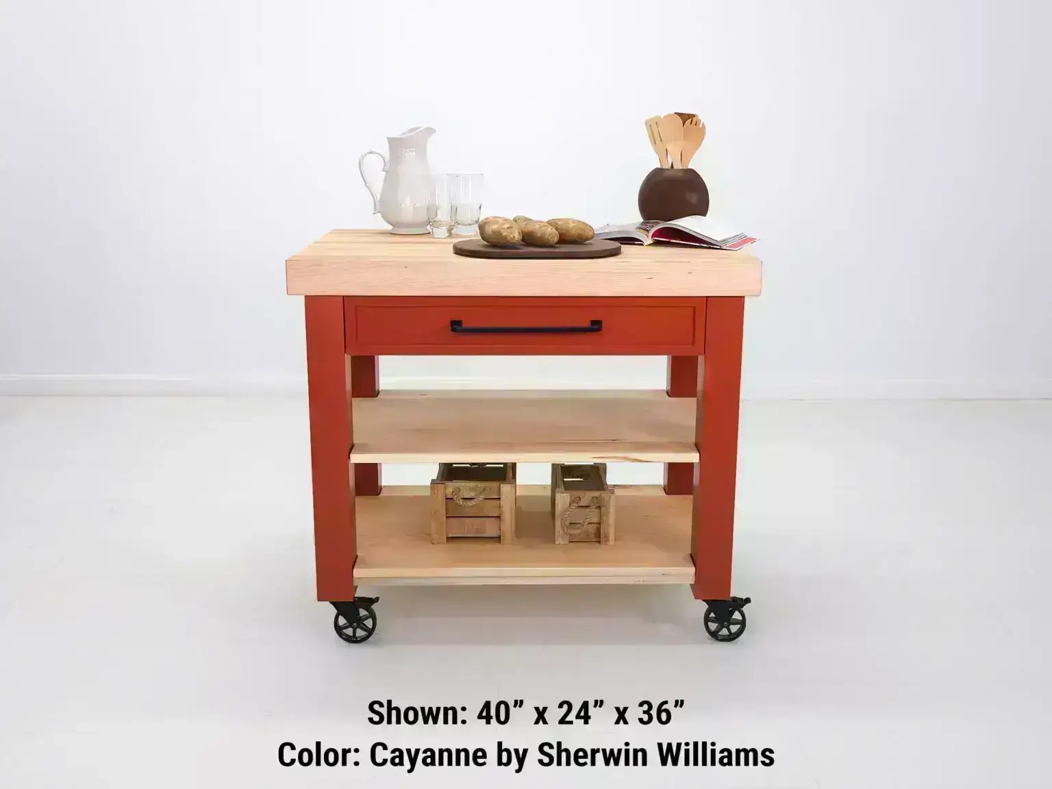 Customizable Chef kitchen cart with painted shelves and a drop leaf extension