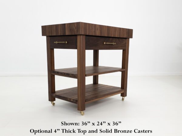 Our WALT butcher block kitchen island with added solid brass casters.