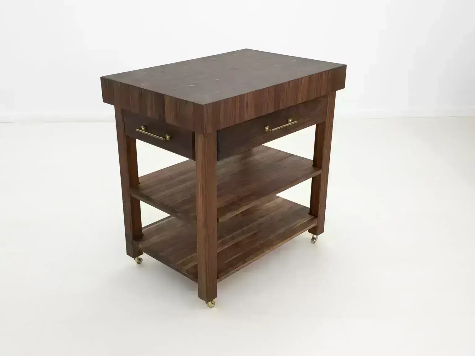 Walnut butcher block kitchen cart with shelves