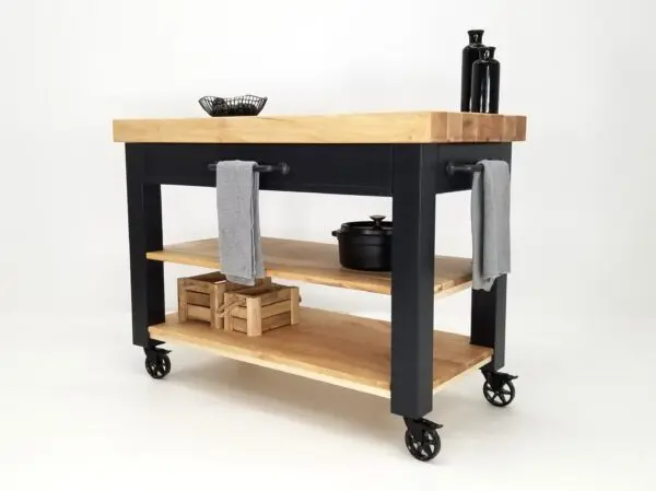 A black CHEF Custom Maple Butcher Block Cart on wheels with pots and pans on it.