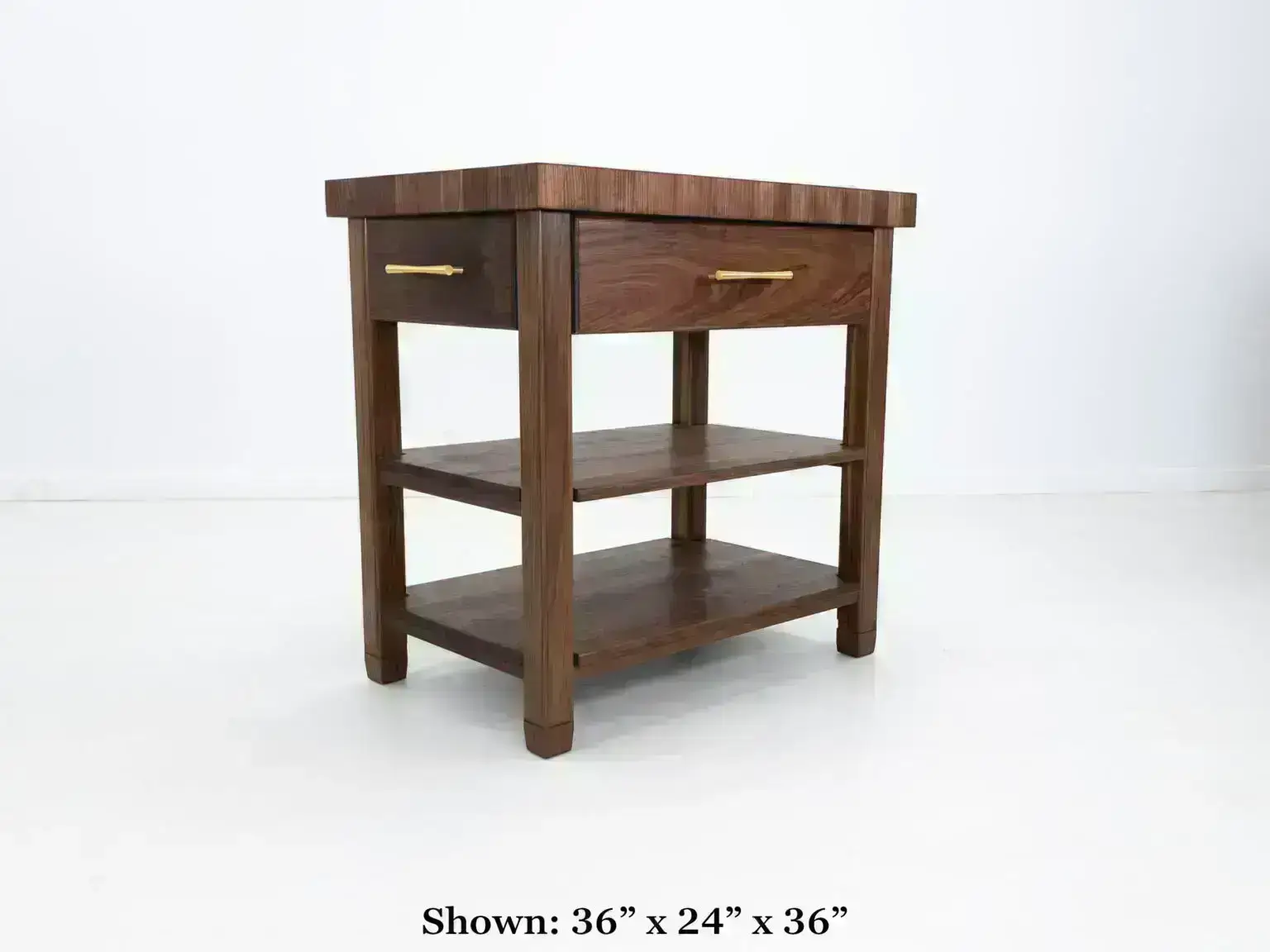 Dark walnut wood kitchen island with shelves