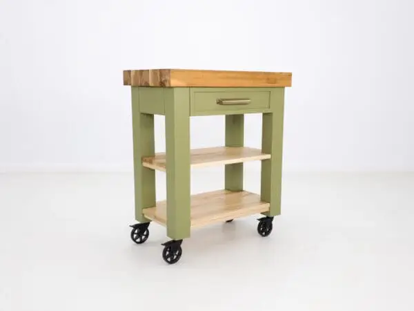 Green kitchen island cart with wheels.