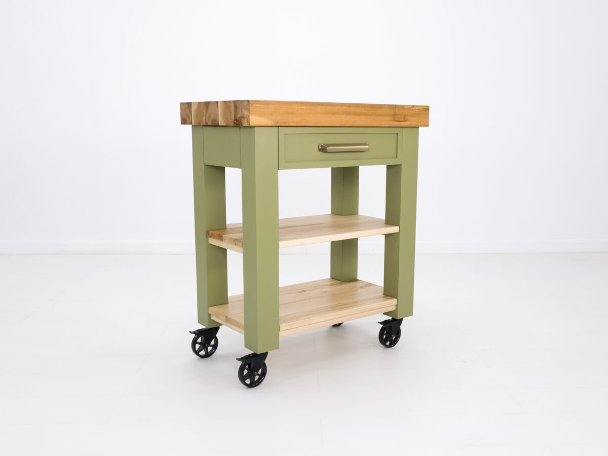 Compact Chef butcher block cart with solid maple construction and mobility casters