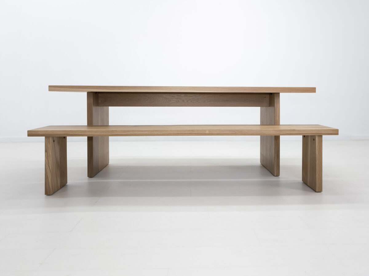 Modern white oak LILY dining table and bench with clean seamless design