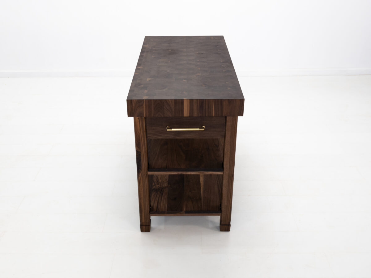 Custom WALT butcher block kitchen island with 4 inch thick walnut top