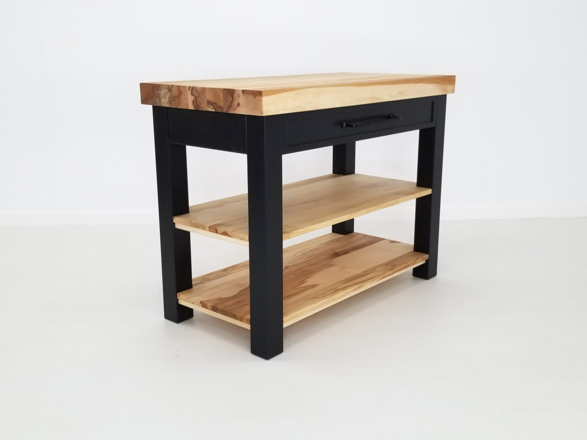 Customizable Chef kitchen island with painted maple shelves and optional casters