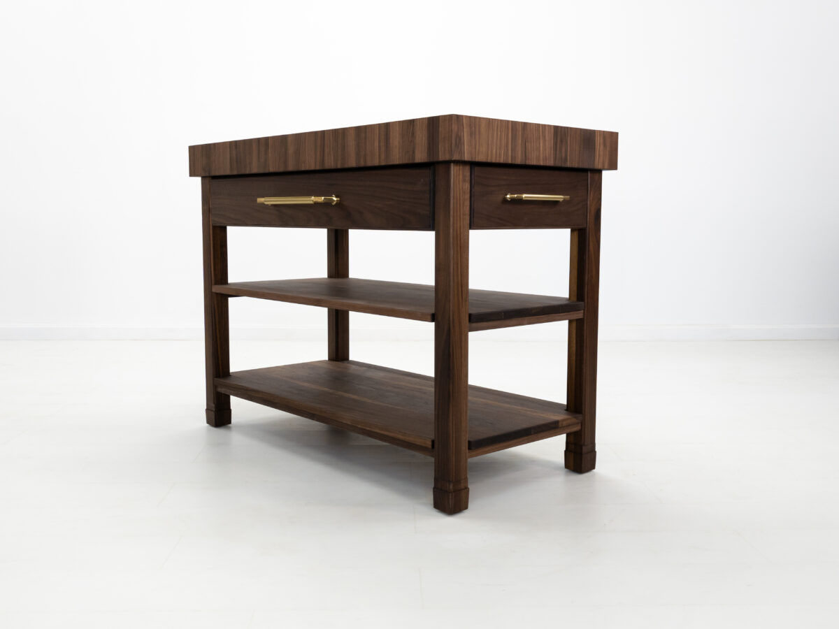 Custom WALT butcher block kitchen island with 4 inch thick walnut top