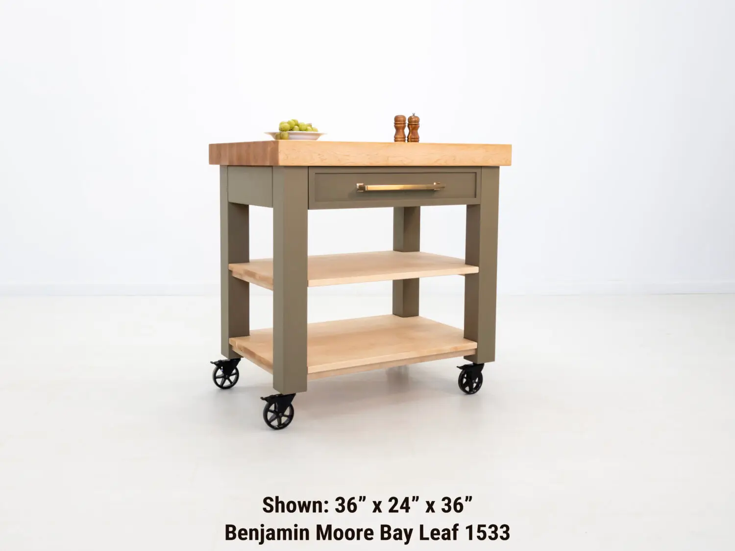 Side view of the CHEF kitchen cart with a spacious utensil drawer and flat black Top Knobs Ascendra pull