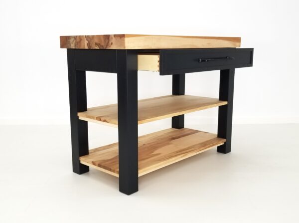 A black and wood LOLO Butcher Block Kitchen Island or Cart with two shelves.