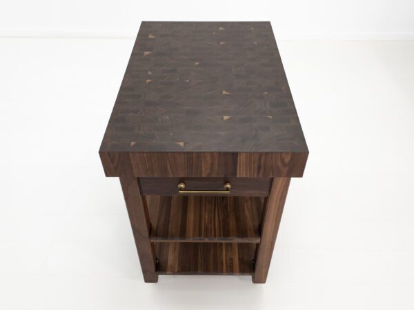Our WALT butcher block kitchen island with added solid brass casters.