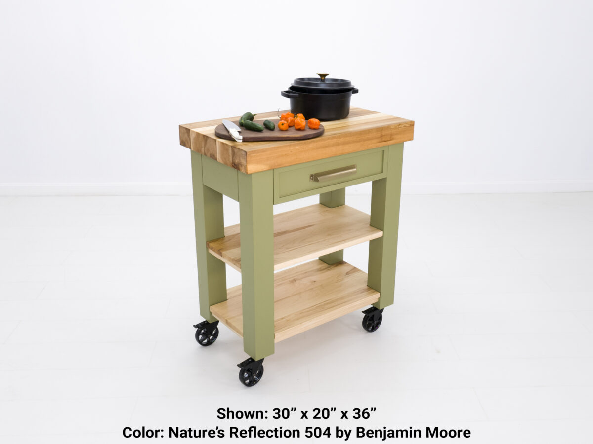 Green kitchen cart with butcher block top