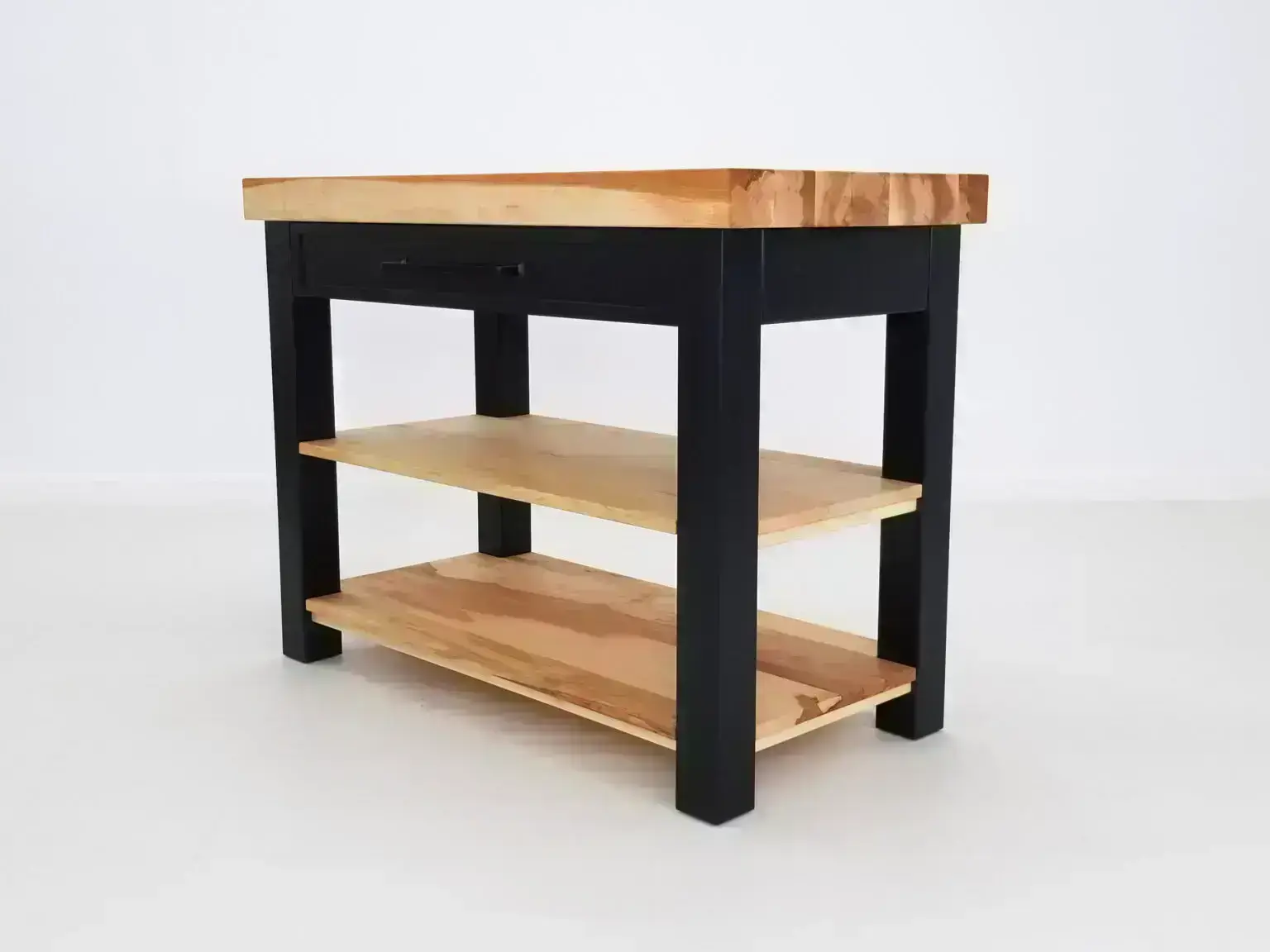 Customizable Chef kitchen island with painted maple shelves and optional casters