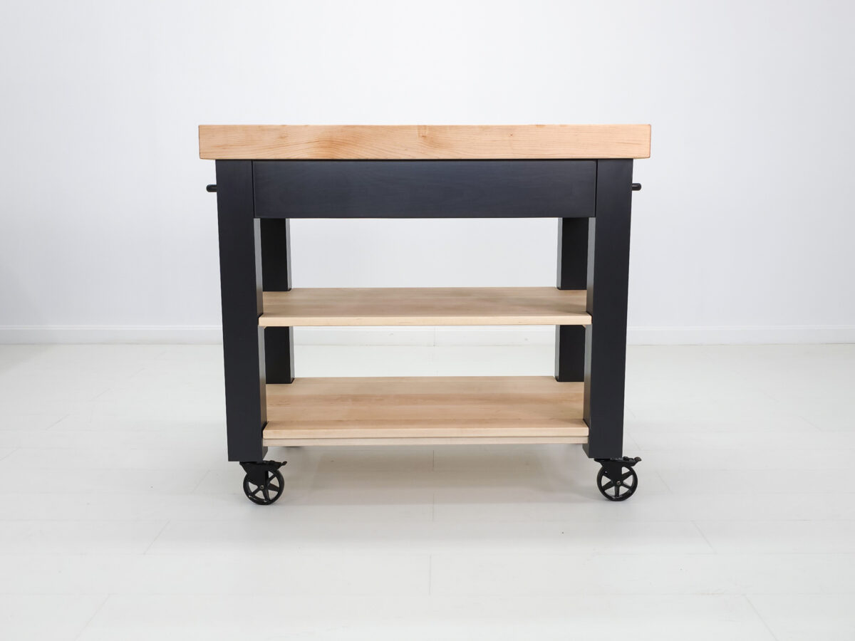 Black kitchen island cart with wood top