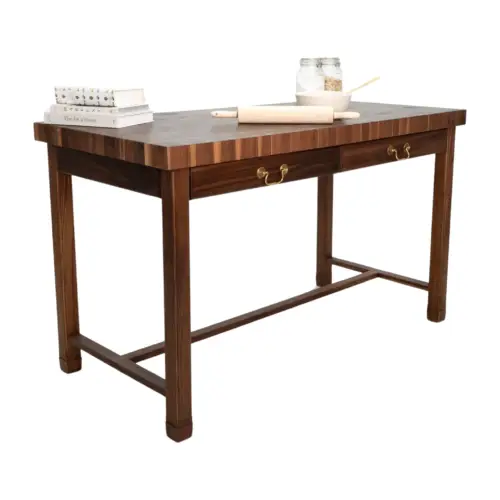 Wooden kitchen island with two drawers.