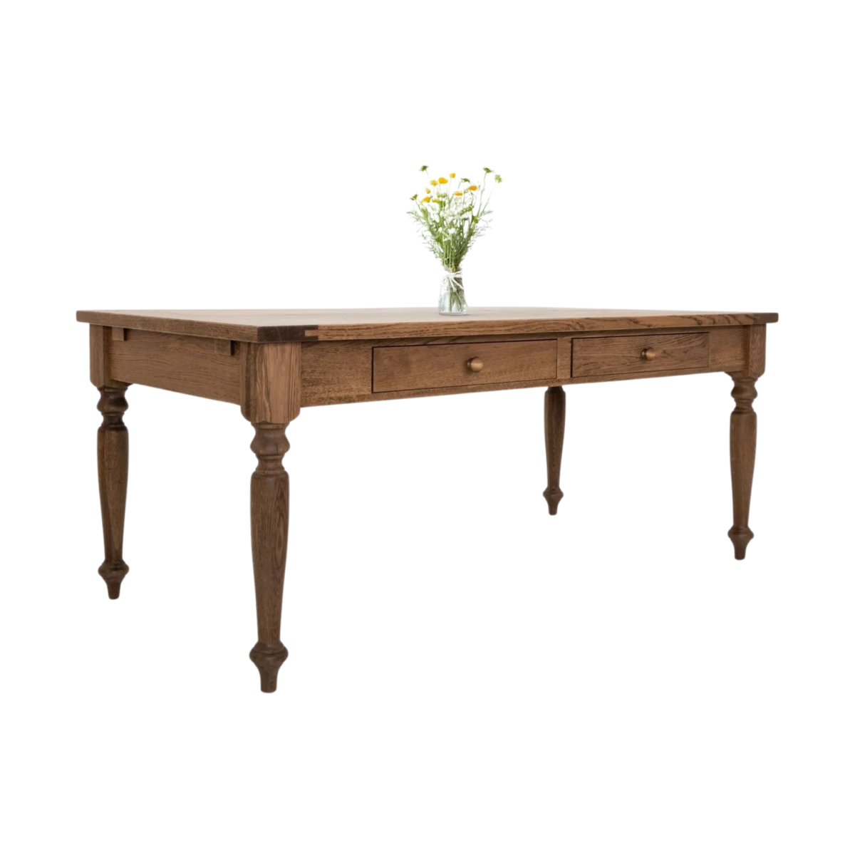 Handcrafted farmhouse table with turned legs and two drawers made from solid American hardwoods