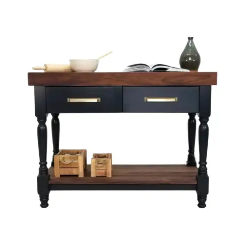Front view of KENT kitchen island with two drawers and brass cup pulls.