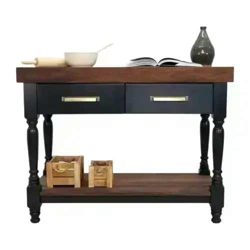 Dark kitchen island with two drawers