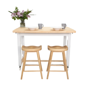 A butcher block kitchen island with a drop leaf extension & seating.