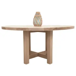 Round wooden dining table with vase.