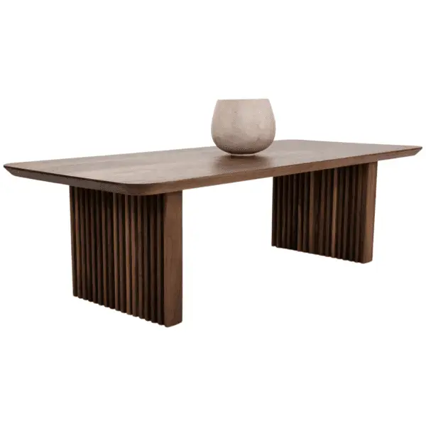 Wooden dining table with slatted legs.