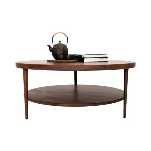 ALLI coffee table in solid walnut with a two tier round design and tapered legs