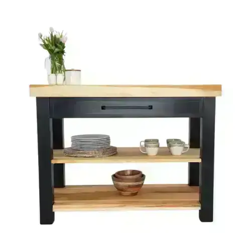 Black framed kitchen island with wooden top